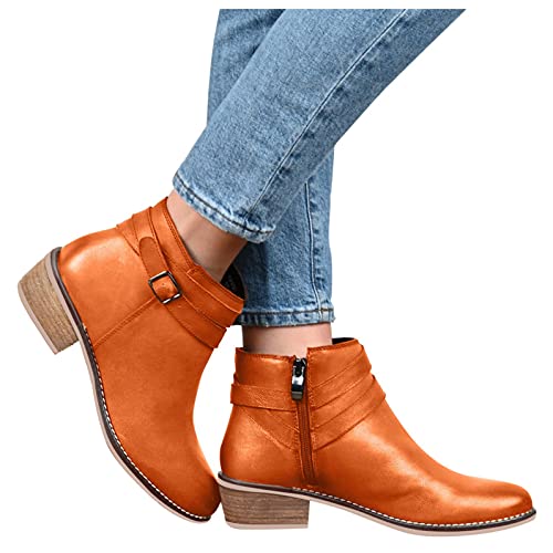 Hbeylia Boots For Women Fashion Casual Leather Round Toe Belt Wrapped Chunky Block Low Heels Ankle Booties Comfort Metal Buckle Mid Calf Combat Boots Dress Short Boots For Ladies