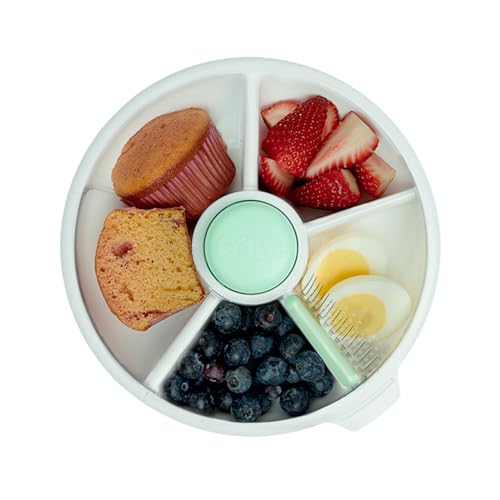 Image of GoBe Kids Large Snack Spinner Slide Bundle with Hand Strap and Sticker Sheet - Reusable Snack Container with 4 Compartment Dispenser and Lid | BPA/PVC Free | Dishwasher Safe | No Spill - Mint Green