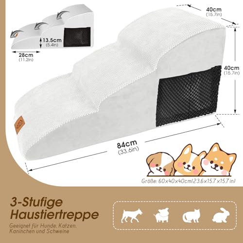 HEVOL Hundetreppe 3 Stufen, Tragbare Hunderampe aus Hochdichtem Schwamm für Kleine Hunde, Haustiertreppe mit Abnehmbarem & Waschbarem Stoffbezug, Ideal für Sofa und Bett