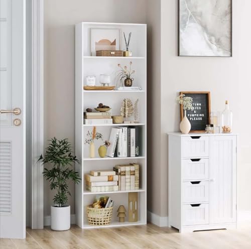 La Mejor Selección de Librero Walmart Top 10. 50 Skyapex librero,librero Minimalista,decoración de Madera con 6 Compartimentos de Almacenamiento,libreros Madera Altura 180cm, libreros Minimalista Ahorra Espacio (Blanco)