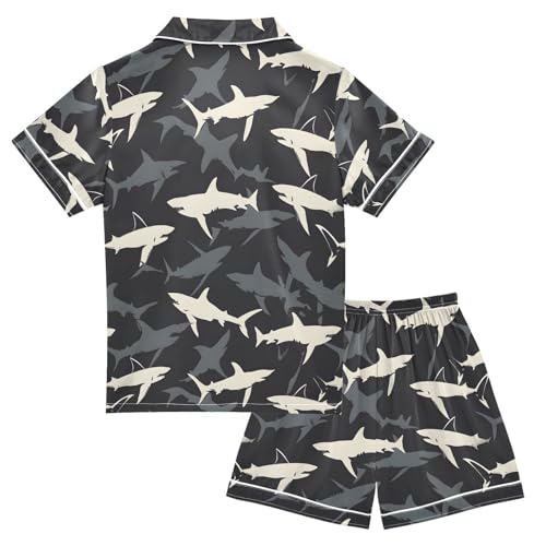 ALAZA Black White Shark Pajamas Satin Pajama Set Short Sleeve Button Down Sleepwear2