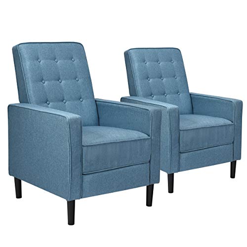 Giantex Set of 2 Push Back Recliner Chair, Modern Fabric Recliner w Button-Tufted Back, Accent Arm Chair for Living Room, Bedroom, Home Office (Blue)