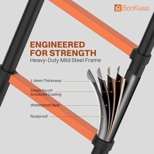 Image of BonKaso Telescopic Ladder, 4.4m / 14 Ft, 15 Steps - Heavy-Duty Foldable Alloy Steel Ladder | Anti-Slip, 150kg Load Capacity, Rustproof & EN131 Certified - Matt Black & Orange