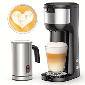 Single Serve Coffee Maker with Milk Frother for K cup and Ground Coffee, Single Cup Coffee Machine with Self-cleaning Function, One Cup Cappuccino Machine and Latte Maker Combo, Brew Size 6-14oz