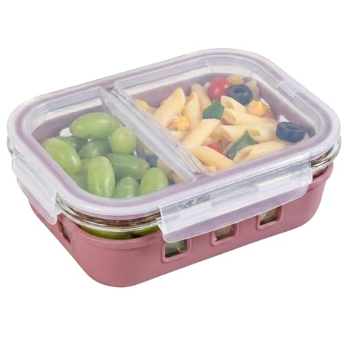 Image of Nestasia Glass Lunch Box with Silicone Sleeve (600ml) - Borosilicate Glass Lunch Box with 2 Compartments for Office | Microwave & Freezer Safe, Leak-Proof Tiffin Box with Clip Locks (Mauve)