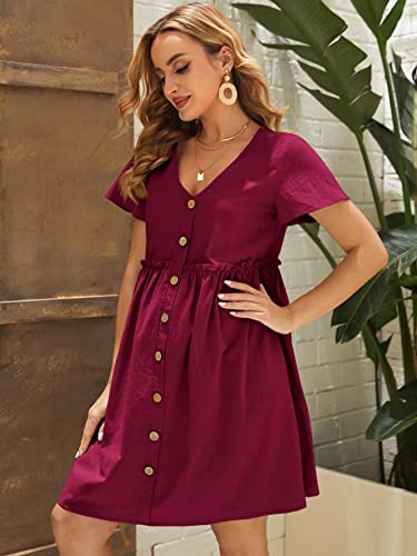 Makemechic Women's Maternity Summer Dress Short Sleeve V Neck Button Front Pregnancy Tunic Dress Burgundy L #TOP3