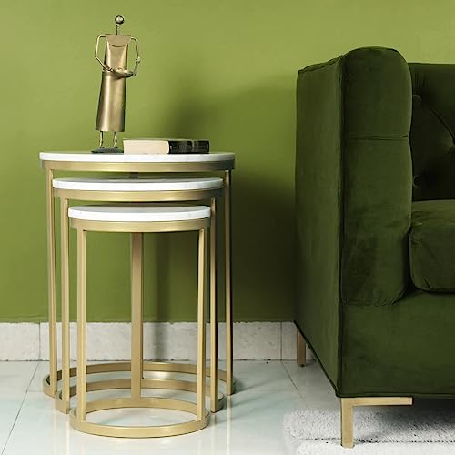 The Attic Jenni Set of Tables for Living Room, Marble + Iron, White + Gold Matt Finish