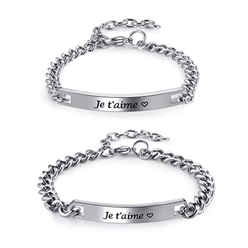 PiercingJak 2PCS Bracelets Couple Amoureux Gourmette Personnalisé Gravé Je t'aime Acier Inoxydable Chaînes de Main Lien Poignet Cadeau Amour La...