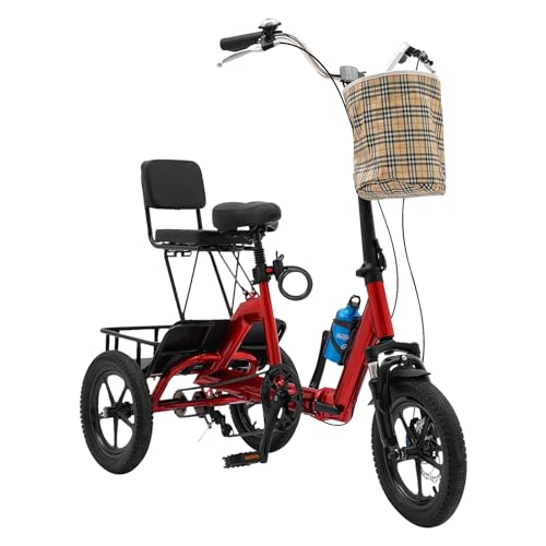 Triciclo de 14 pulgadas para adultos Premium City Bike plegable con cesta de la compra y respaldo, 3 ruedas, bicicleta de carga con hervidor de agua y candado para adolescentes, adultos y personas
