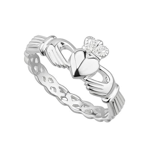 Biddy Murphy Made in Ireland Irish Claddagh Ring for Women 925 Sterling Silver with Braided Band, Traditional Friendship Ring, Love, Marriage, Engagement