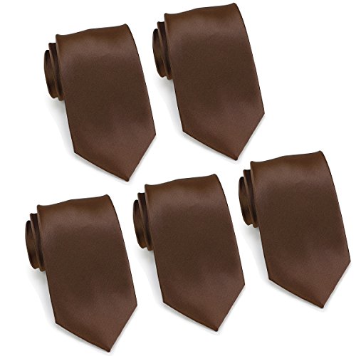 Mens Formal Tie Wholesale Lot of 5 Mens Solid Color Wedding Ties 3.5" Satin Finish (Brown)