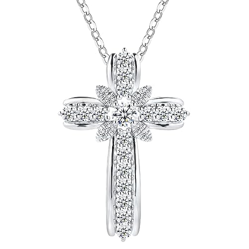 Christian Cross Moissanite Pendant Necklace for Women, D Color VVS1 925 Sterling Silver Plated 18k White Gold 20 Inches Chain