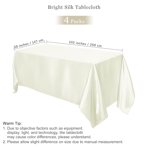 TURSTIN 4 Packs Satin Tablecloth 102 x 58 Inch Overlay Satin Table Cover Rectangle Bright Silk Tablecloth Smooth Fabric Table Decoration for Wedding Banquet Party Events, Ivory