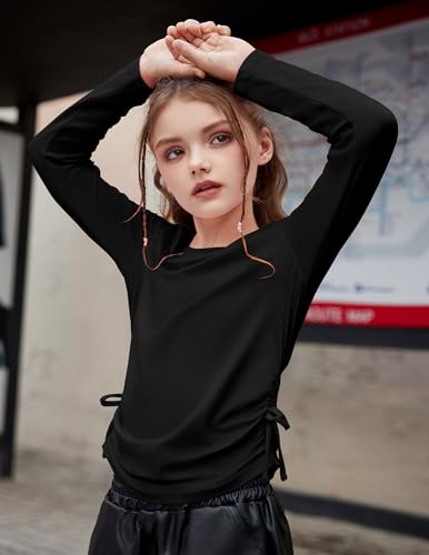 Image of Arshiner Girls Long Sleeve Shirts Ruched Knot Side Tunic Blouse Tee Tops