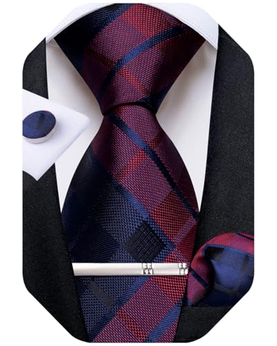 Image of DiBanGu Plaid Ties for Men Silk Checkered Necktie and Pocket Square Cufflinks Tie Clip Set with Gift Box for Wedding Business