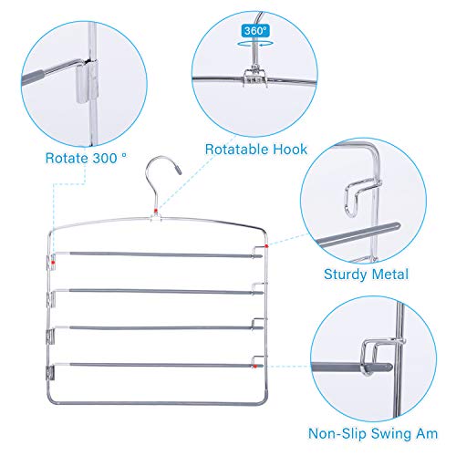 Pants Hangers Space Saving 3 Pack No Slip 5 Layers Multi Functional Pants Rack Stainless Steel Swing Arm Space Saver Hanger For Trousers Jeans Towels Scarf Tie （Grey） #TOP2