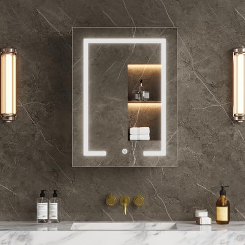 CHOEZON LED Lighted Bathroom Medicine Cabinet with Mirror, Bathroom Vanity Mirror with Storage, Wall-Mounted Storage Cabinet with Adjustable Shelves, Touch-Sensitive Control, 3 Color Lighting, White