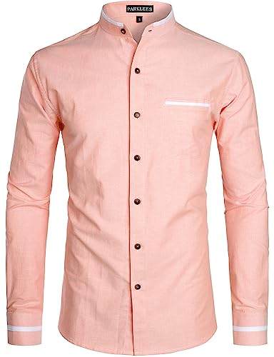PARKLEES Herren-Oxford-Hemd mit Hipster-Design, Großvater-Kragen, schmale Passform, langärmelig, lässig, Button-Down-Kleid mit Tasche, Pz113-orange, XL PARKLEES Herren-Oxford-Hemd mit Hipster-Design, Großvater-Kragen, schmale Passform, langärmelig, lässig, Button-Down-Kleid mit Tasche, Pz113-orange, XL