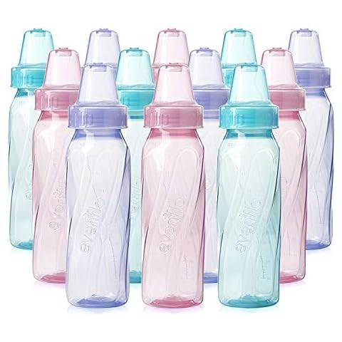 Evenflo Feeding Classic Tinted Plastic Standard Neck Bottles for Baby, Infant and Newborn, Pink/Lavender/Teal, 8 Ounce (Pack of 12) Cover