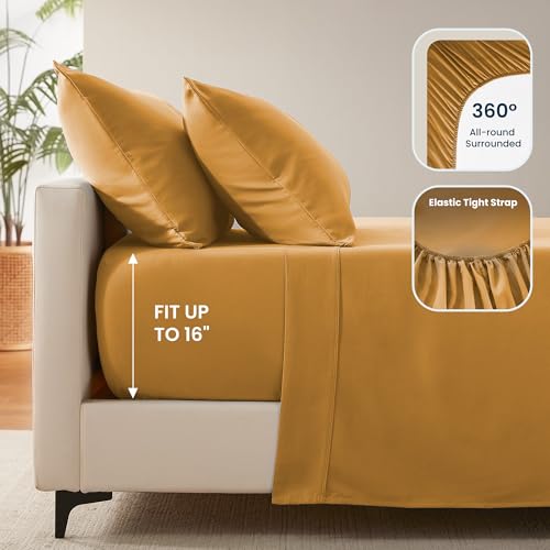 SLEEP ZONE Nanotex Super Soft Cooling Twin Bed Sheets Set for Kids 3 Piece - Easy Care Fitted Flat Sheet & Pillowcase Sets - Wrinkle Free, Fade Resistant, Deep Pocket 16" (Dull Yellow, Twin)