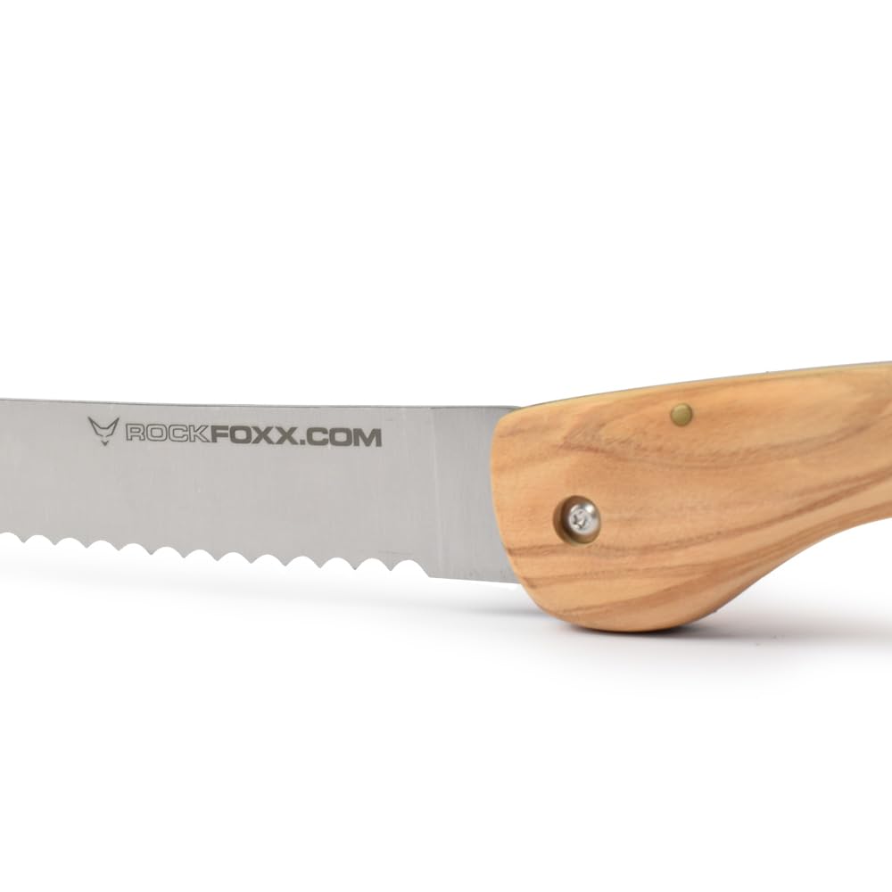 FOXXKNIFE Klappmesser Brotmesser Taschenmesser groß 18,5cm Klinge, ohne Lasergravur, Olivenholzgriff, scharfer Wellenschliff, Ideal für Camping, Offroad, Abenteurer im Wohnmobil, Inkl. Hardbox