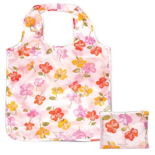 kate spade new york Sacos de produtos reutilizáveis, sacola de compras com bolsa de armazenamento com zíper, bolsa de compras dobrável leve, amores-perfeitos de primavera, Amores-perfeitos de