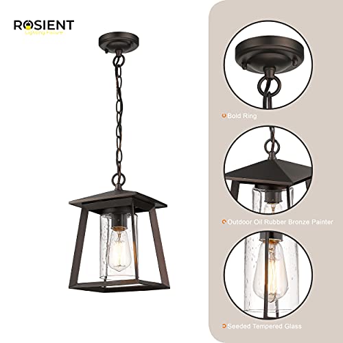 Rosient Outdoor Pendant Light, Exterior Hanging Lantern, 1- Light Porch Pendant Lighting Fixture In Oil Rubbed Bronze Finish With Seeded Glass #TOP3