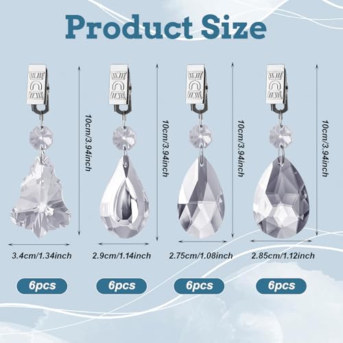 24 Pack Tablecloth Weights, Crystal Table Cover Pendant with Metal Clip Clamps, Glass Heavy Teardrop Prisms Table Cloth Hangers for Decoration, Outdoor Picnic, Family Dinner Party