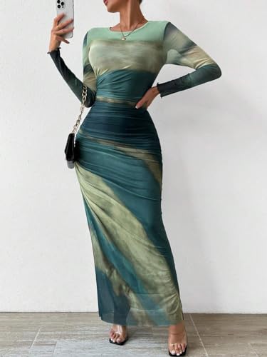 Image of MARZXIN Women Long Sleeve Maxi Dress Bodycon Ruched Formal Slim Fit Tie Dye Dress Formal Mesh Dress