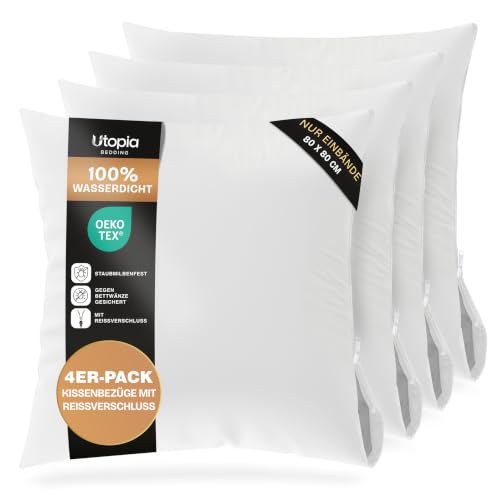 Utopia Bedding wasserdichte Kissenbezüge 80 x 80 cm - 4er-Pack - Kissenschoner Mit Reißverschluss - Anti-Bettkäfer-Kissenbezüge
