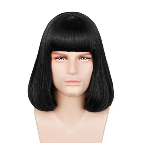 TOMIGO Men Short Straight Black Cosplay Bob Wig with Bangs for Halloween Role Play Costume Accessories