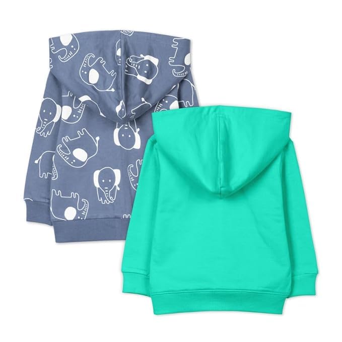 Real Basics Kids Cotton Fleece Full Sleeve Set of 2 Hoodie Sweatshirts for Boys & Girls (WHT-HAATHI_GRNzipBOSS-612M)
