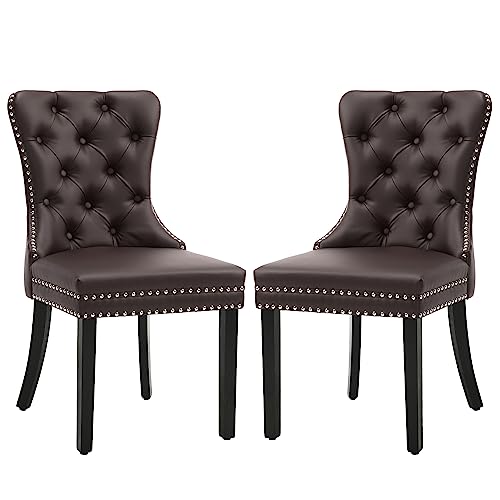 KCC Faux Leather Dining Chairs Set of 2, Upholstered High-end Tufted Dining Room Chair with Nailhead Back Ring Pull Trim Solid Wood Legs, Contemporary Nikki Collection Modern Style for Kitchen, Brown