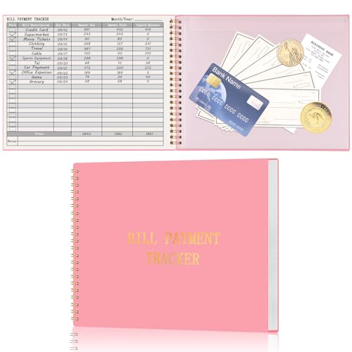 HAUTOCO Bill Tracker Notebook Monthly Bill Payment Tracker for Personal Budgeting Home Financial with 2 Storage Pocket Payments Checklist Organizer Bill Planner 10.1 x 7.8 Pink