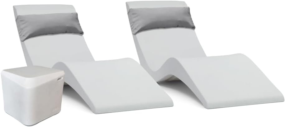 Aqua Outdoors in-Pool Chaise Set - Two Chaises - Two Headrest Pillows and One in Pool Side Table - for ledges up to 9" inches (White Granite-Grey)