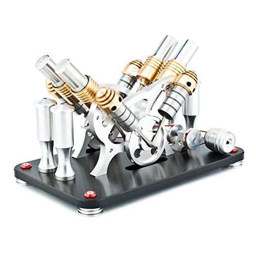 DjuiinoStar Hot Air Stirling Engine (4-Cylinder), Electricity Generator (Light up LED), Ready to Run (Metal Heat Tube)