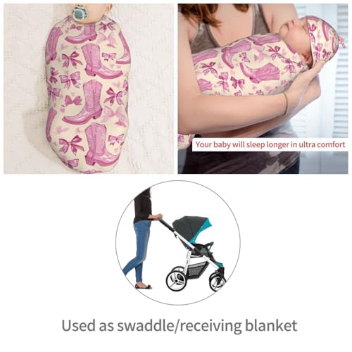 Image of Retro Pink Cowgirl Boot Newborn Swaddle Blankets Hat Sets Soft Baby Receiving Blanket Swaddle Sack for Baby Shower Infant Boy Girl Gift