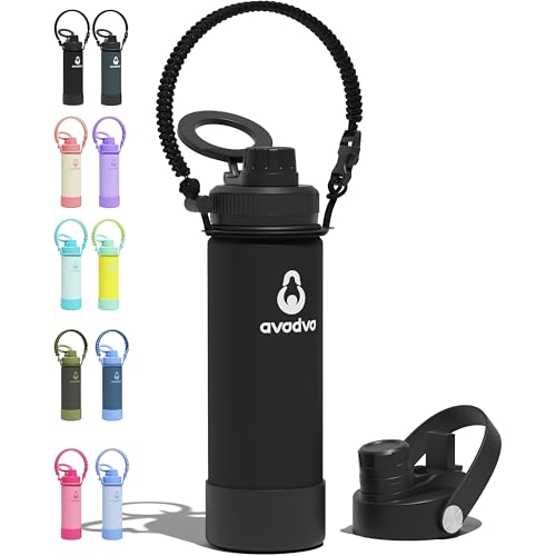 avodvo 18 oz Insulated Water Bottle with 2 Lids (2-in-1 Straw & Spout Lid, Magnetic Lid), Slim Water Bottle with Strap, Stainless Steel Water Bottle for School, PA-Free, Black avodvo 18 oz Insulated Water Bottle with 2 Lids (2-in-1 Straw & Spout Lid, Magnetic Lid), Slim Water Bottle with Strap, Stainless Steel Water Bottle for School, PA-Free, Black