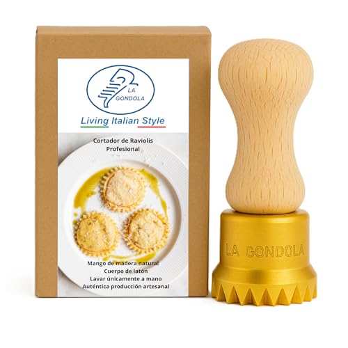 La Gondola Cortador de Raviolis Caseros - Redondo Festoneado 50 mm | Cortapastas de Latón y Madera...