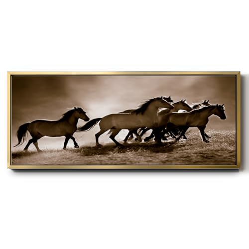 Renditions Gallery Floater Framed Home Decor Wild Horses Mustangs Canvas Artwork Wall Hangings for Bedroom Lounge Office Kitchen - 12"X30" Gold Frame GAL041