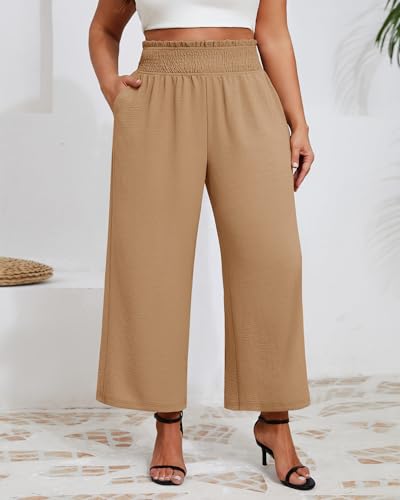 Neer Women's Plus Size Wide Leg Pants, Summer Stretchy Lounge Pants with Pockets Pull On Elastic Flowy Palazzo Trousers(Khaki,3XL)3