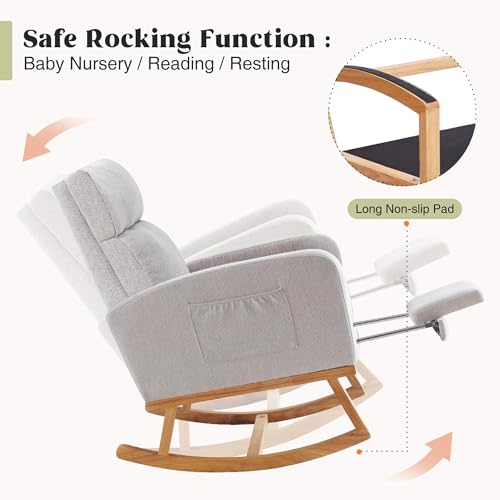 Image of HCHAIRH Rocking Chair Nursery with Foot Rest, Nursing Rocking Chairs for Mom Breastfeeding, Rocker Glider Chair with High Backrest for Living Room, Bedroom, Light Grey