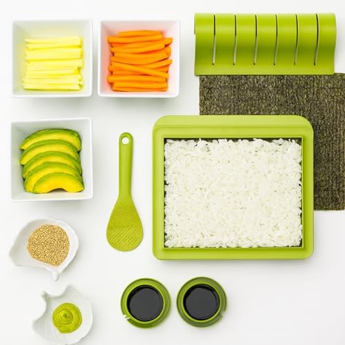 SushiQuik Plus Sushi Making Kit with Rice Frame, Rice Paddle, Rolling Mat, Roll Cutter, Base, Soy Sauce Caps, Onigiri Molds, and Chopsticks - Sushi Kit for Beginners and Kids image 4