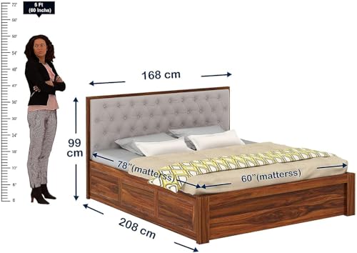 Image of FurnitureSheesham Wood Decan Queen Size Bed with Box Storage for Livingroom /Bedroom /Home Solid Wood Queen Box Bed | Finish Color - Natural Finish, DIY