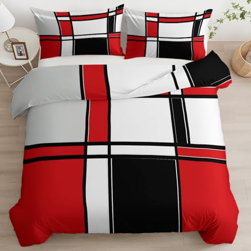 Quixora Housse de Couette 90 x 190 cm Rouge Noir Géométrique Minimaliste Parure de Lit Adulte Enfants avec Fermeture Éclair, Linge de Lit Parure Housse...