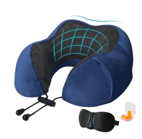 Airplane Travel Neck Pillow, 100% Memory Foam Ergonomic Neck Support, Airplanes Neck Pillow with Washable Cover Travel Essential for Flight Car & Office Includes Eye Masks, Earplugs & Carry Bag (Blue)