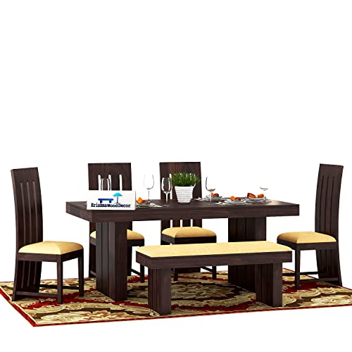 Image of Krishna Wood Decor Sheesham Wood Dining Table with Chairs | Dining Set Furniture | Balcony | Living Room (Sheesham Wood Dining Table with 4 Chairs | 1 Bench, Walnut Finish)