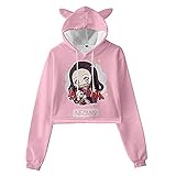 NUFR Women Girls Anime Slayer Kimetsu no Yaiba Cute Cat Ear Hoodie Crop Top Pullover Sweatshirt