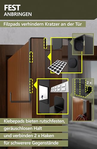 4smile Türhaken zum Einhängen, 4er Set - Schwarze Kleiderhaken für Tür oder Schrank, vielseitige Haken zum Einhängen - Türgarderobe mit hoher Tragkraft, stabile Türhakenleiste 6