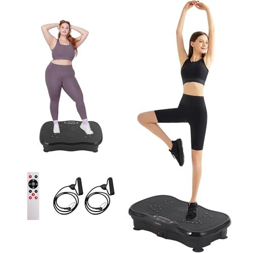 Vibration Plate Exercise Machine – Power Vibrating Plate for Lymphatic Drainage Weight Loss, Shake Plate Exercise Platform with Touch Screen & Resistance Bands, Equipment for Women Men (MN-0078-BLACK)